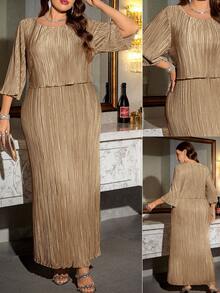 Reflora 大码纯色圆领宽松优雅长裙 - 卡其色 - 查看 1