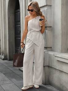 SHEIN LUNE 女士休闲条纹斜肩上衣和裤子两件套，日常穿着基础款，春夏款 - 彩色 - 查看 1