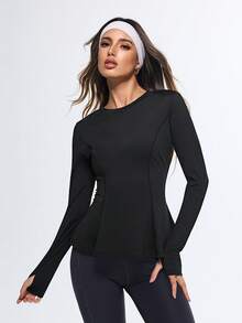 Eassivo Eassivo Sport Casual Solid Color Long Sleeve Sports T-Shirt With Ruffled Hem - A Blend Of Fashion And Sport, Women's Gym Shirt - Black - View 6