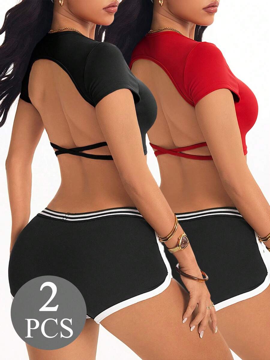 Velisys 2PCS Women's Fashion Backless Thin Strap Fitted Short Sports T-Shirt 2 Piece Sport Set 2pc Active Set - Multicolor - View 1