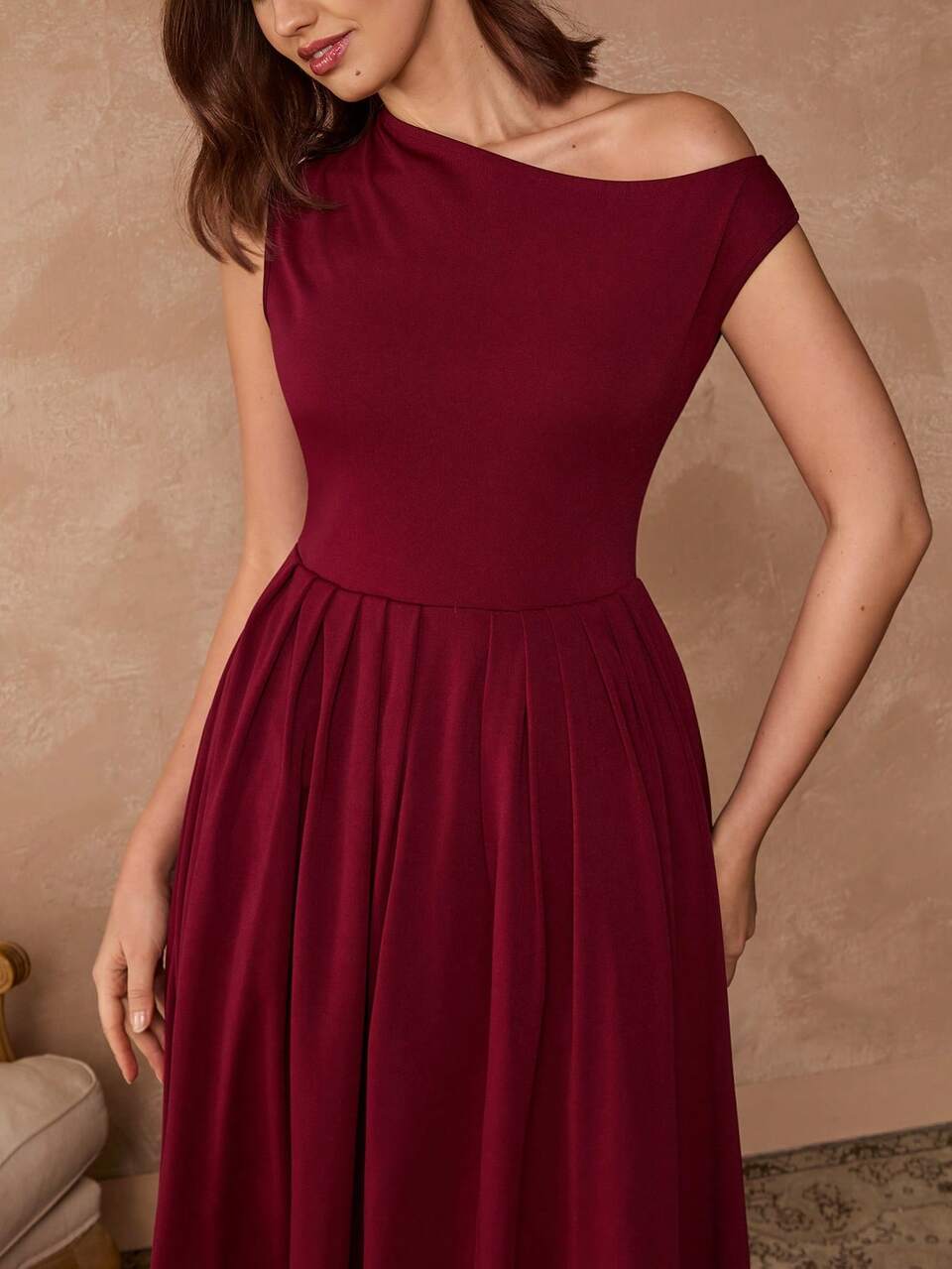 Enchnt Women's Burgundy Summer Elegant Oblique Collar Waist Cinched Long Dress,Fashionable Chic&Elegant For Date,Dining,&Daily Commute