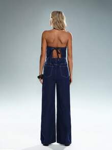 TRNVIE Fashionable Casual Sexy Backless Strap Denim Jumpsuit - Dark Wash - View 2