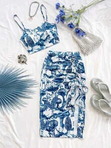 Soleia 2pcs/Set Women's Burgundy Textured Knit Camisole Top And Burgundy Heart Print Drawstring Tie Slit Skirt, Vacation Outfit, Beach Outfit For Women, Graduation Brunch, St. Patrick's Day, Spring Break, Easter,  Elegant Boho Tropical - Blue and White - View 3