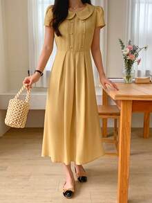 DAZY Robe élégante et simple pour femmes avec col claudine, manches bouffantes, taille cintrée, plis plissés et ourlet évasé. Robe d'été - Jaune citron - Voir 3