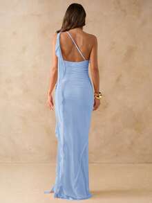 SHEIN BAE Asymmetric Ruched Backless Maxi Mesh Dress With Ruffle Hem, Elegant Women's Dress For Vacation & Beach, Spring/Summer - Baby Blue - View 2