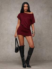 SHEIN BAE 夏季不对称领口连衣裙/棕色迷你裙，适合派对/海滩度假/夏季旅行/海岛度假/女士生日礼服 - 酒紅色 - 查看 3