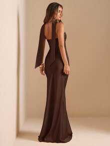 SHEIN BAE 优雅无肩带露背连衣裙，配腰带，性感纯色奶油黄色正式礼服，适合派对、鸡尾酒会、婚礼、生日、伴娘等场合 - 咖啡棕 - 查看 2