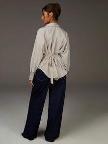 Athîral Women's Casual Everyday/Workwear Striped Print Loose Fit Dolman Sleeve Tie Back Blouse, Spring/Autumn, Tie Up Shirt - Brown - View 5