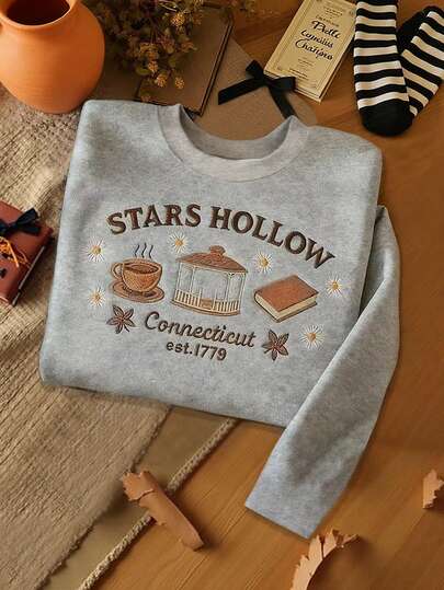 INAWLY 星空镇卫衣，舒适秋季圆领衫，咖啡书爱好者礼物，舒适季节卫衣，仿刺绣工艺，秋季女装，姐妹装，时尚单品，时尚上衣，美观长袖T恤，送给姐妹的礼物，送给妈妈的礼物，休闲简约时尚上衣