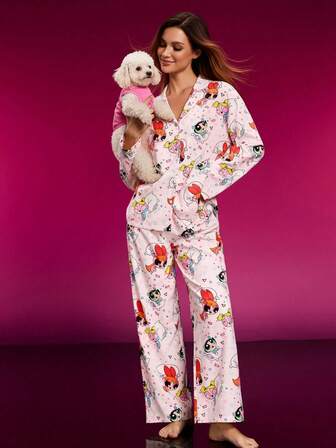 THE POWERPUFF GIRLS X SHEIN Women's Cute Blossom, Bubbles, Buttercup Pattern Long Sleeve Top & Pants Pajama Set, Autumn Women S Pajama Women S Loungewear Floral Pj Set Women S Pjs, Fall & Winter Clothes