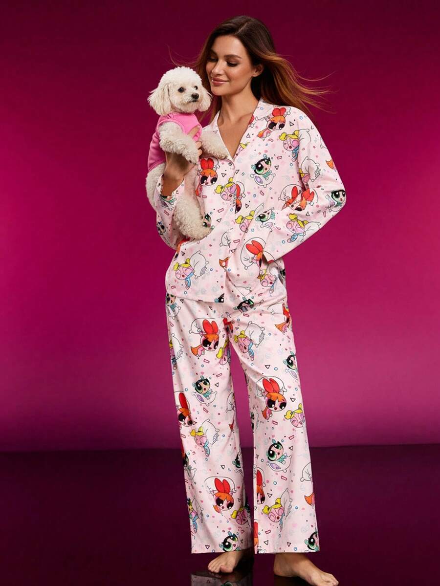 THE POWERPUFF GIRLS X SHEIN 女士可爱花朵、泡泡、毛茛图案长袖上衣和裤子睡衣套装，秋季女士睡衣，女士家居服，花卉睡衣套装，女士睡衣，秋冬服装