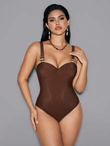 Shapewave 1pc Steel Bra Support Crossback Strap One-Piece Swimsuit, Deep Coffee Color, Beach & Resort Wear, Summer - Coffee Brown - View 4