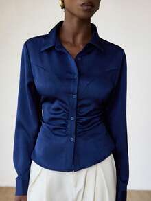 Aveloria Modichic Satin Textured Fabric, Tie-Back Waist Decor, Fashionable Lapel Collar Long Sleeve Shirt - Navy Blue - View 4