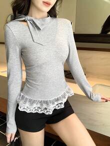 DAZY 女士打结领长袖荷叶边下摆修身T恤 - 灰色 - 查看 2