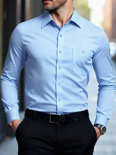 Manfinity Bizformal 男士正装衬衫，纯色长袖弹力免烫正式衬衫，商务休闲浅蓝色纽扣衬衫，秋季款