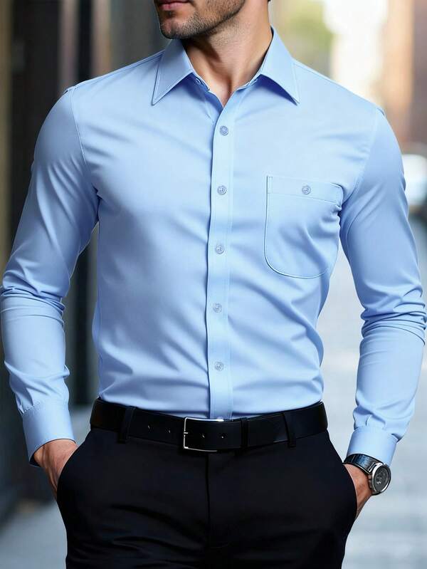 Manfinity Bizformal 男士正装衬衫，纯色长袖弹力免烫正式衬衫，商务休闲浅蓝色纽扣衬衫，秋季款