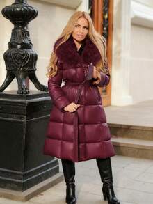 Anewsta Women's Mid-Length Winter Coat With Fur Collar, Fashionable Cinched Waist Waist Design - Burgundy - View 7