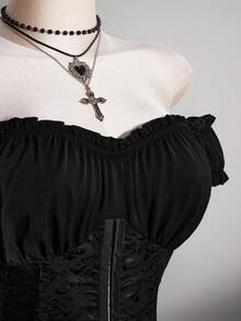 SHEIN ICON 大码女式黑色褶皱提花腰带拼接荷叶边单肩层叠荷叶边下摆A字雪纺迷你连衣裙，适合派对和休闲场合 - 黑色 - 查看 7