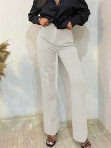 EURMUSE Solid Zipper Fly Straight Leg Trousers - Beige - View 5