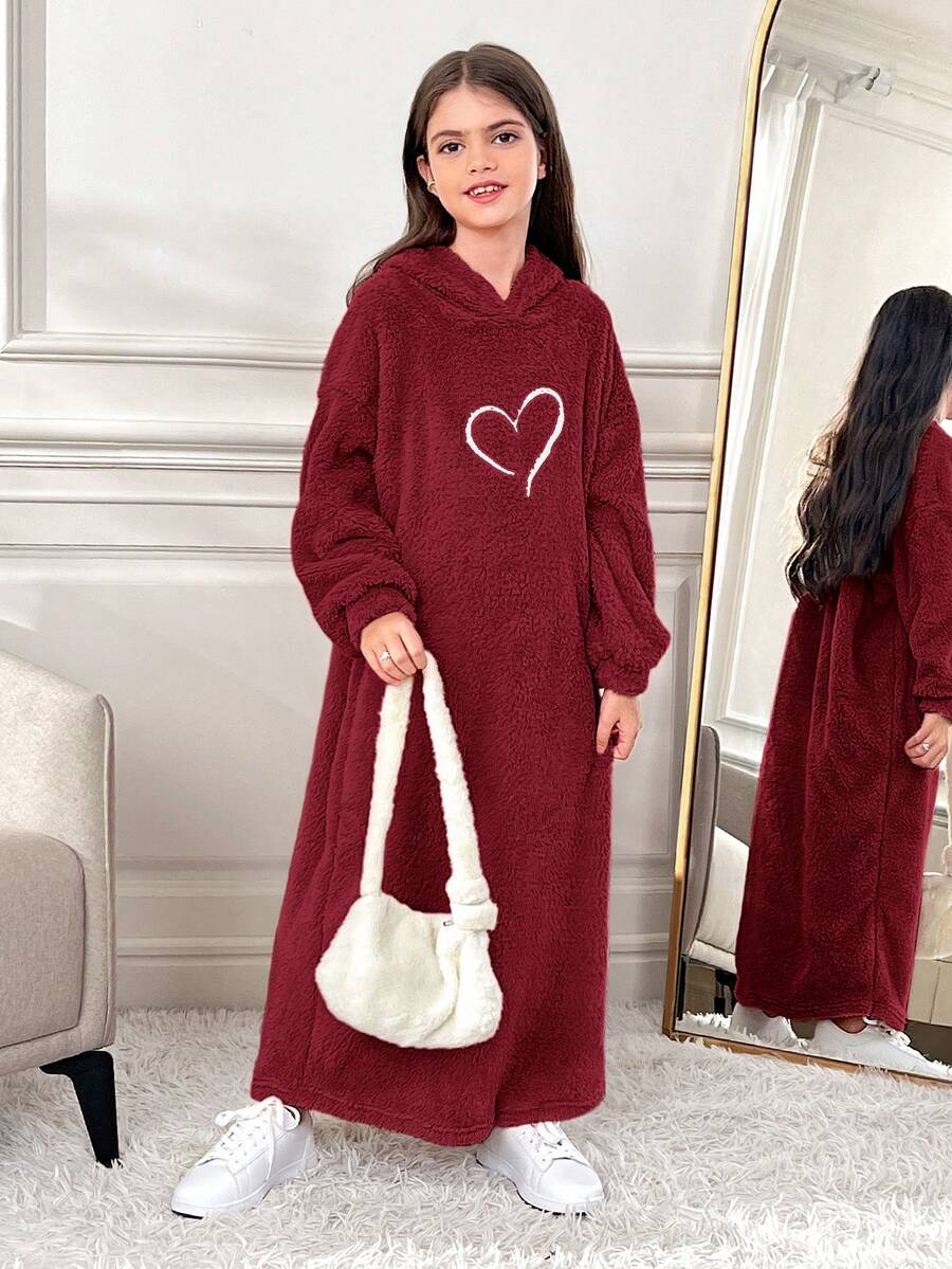 SHEIN 青少年女孩寬鬆休閒針織雙面抓毛心形刺繡連帽洋裝,青少年女孩長袍洋裝,秋冬洋裝 - 酒紅色 - 查看 1