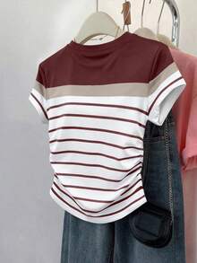 Franclia Women's Striped Cropped Tee, Summer New Arrival, Graphic Design, Multicolor Stripes, White, Burgundy, Back To School, Outdoor Wear, Fitted Ruched Waist T-Shirt