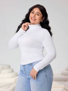SHEIN EZwear 女式针织高领大码 T 恤 - 白色 - 查看 5
