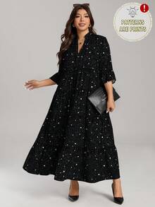 SHEIN LUNE 大码女式休闲优雅亮片印花连衣裙，适合秋冬季节，黑色连衣裙，新年连衣裙，派对连衣裙，女士长款连衣裙，黑色女士长款连衣裙 - 彩色 - 查看 1