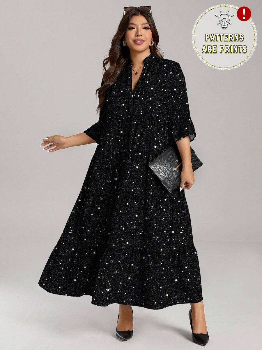 SHEIN LUNE 大码女式休闲优雅亮片印花连衣裙,适合秋冬季节,黑色连衣裙,新年连衣裙,派对连衣裙,女士长款连衣裙,黑色女士长款连衣裙 - 彩色 - 查看 1