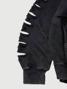 ROMWE MEN Men's Casual Letter Print Distressed Hoodie - Black - View 4