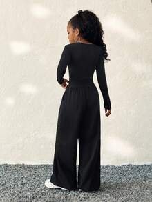 Coolane Kids Tween Girl Fall /Winter, Black Long Sleeve Tween T-Shirt With Queen Anne Neckline For Everyday Casual Style,Fall/Winter/Relaxed Wide Leg Knit Pants Set,Christmas,New Year ,Thanksgiving