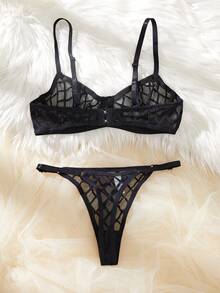 Esselle 2pcs Sexy Mesh Women's Lingerie Set, Minimalist Romantic Sheer Bralette Without Padding - Black - View 2