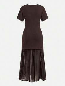 Maija 2026 Modern City Sleeveless/Half Sleeve Round Neck Patchwork Design Semi-Sheer Maxi Dress With Oversized Skirt, Sexy & Elegant, Suitable For Early Autumn Back To School Season & Party,,Brown Dress, Casual Dresses, Elegant Dresses,Long Party Dress, Beach Dress, Thanksgiving, New Year Women's Clothes, Christmas Dress, Halloween Costume Women,Autumn Outfits For Women, Women's Winter Clothes, Fall Outfits For Women - Coffee Brown - View 7