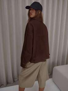 MUSERA Oversized Cotton Poplin Cinched Hem Balloon Sleeve Shirt Classy Cute Sexy Streetwear Fall Autumn Night Out Winter  Party ,Elegant - Brown - View 2