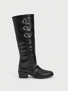Sugerpunk Botas de media pantorrilla de moda casual de uso diario con diseño de hebilla para mujer - Negro - Ver 2