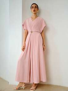 ZEYLAH 优雅长袖连衣裙，饰有装饰纽扣，浪漫春夏款，情人节必备 - 藕粉色 - 查看 5