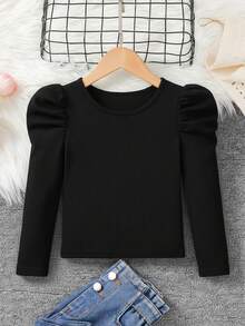 Emery Rose Kids Emery Rose Kids 少女修身复古羊腿袖高领T恤，运动风，适合秋冬季休闲日常穿着及上学，酷炫街头风，日常穿着，上学穿着，Y2K女孩风格，休闲可爱，姐妹装，母女装，黑色长袖T恤 - 黑色 - 查看 6