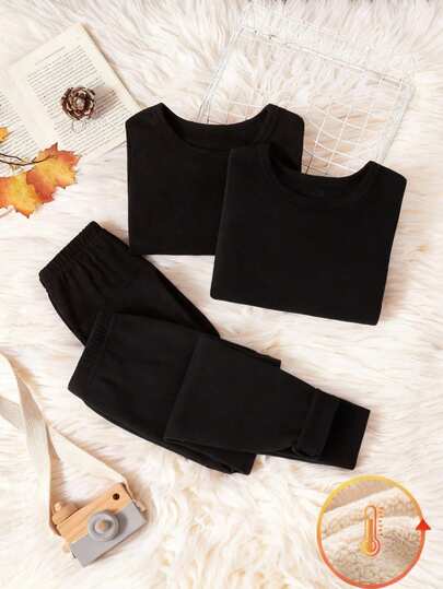 SHEIN Genkimix Kids 4件套男童黑色保暖长裤长袖内衣套装，秋冬季