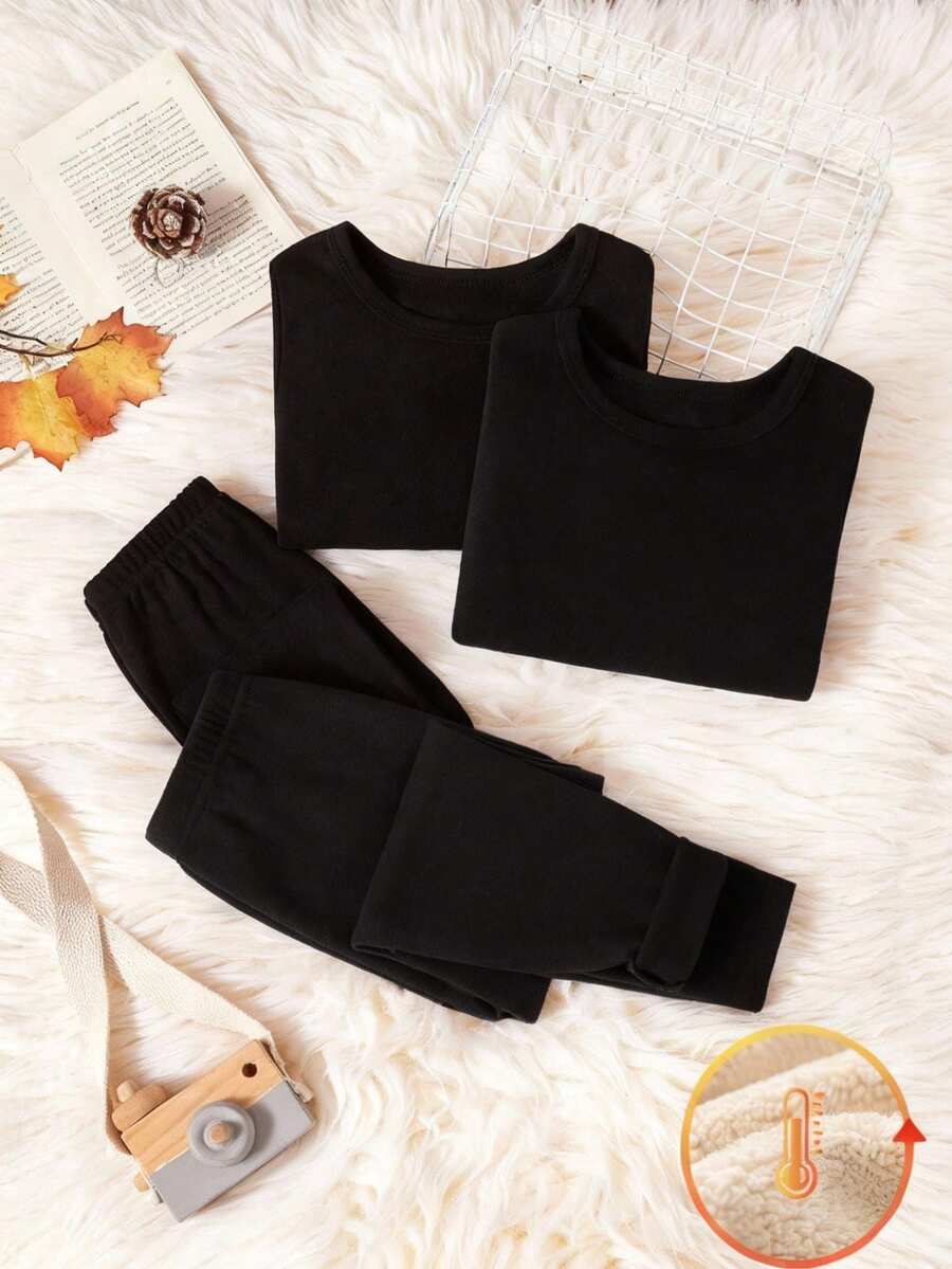 SHEIN Genkimix Kids 4 pièces/set Sous-vêtements thermiques noirs à manches longues et pantalons longs pour jeunes garçons, automne/hiver