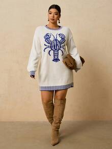 Travachic Plus Size Fashionable Lobster & Striped Pattern Crew Neck Long Sleeve Pullover Top/Winter - White - View 4