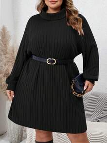 SHEIN CURVE+ 大码休闲简约高领罗纹磨毛红色毛衣连衣裙，适合日常穿着以及圣诞节/2026/新年等场合。 - 黑色 - 查看 4