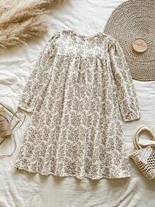 Vintaside Kids 女童杏色碎花长袖连衣裙，优雅精致的版型，适合外出、约会、休闲穿着以及校园/派对活动。 - 彩色 - 查看 2