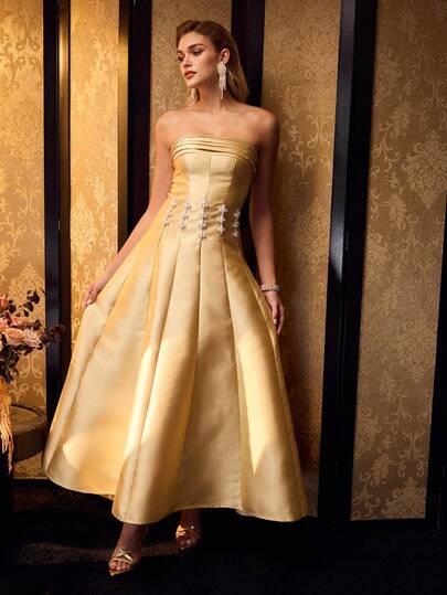 MOTF Soiréza FORM-FITTING STRAPLESS MAXI PARTY GOWN, STIFF LUSTROUS FABRIC, CHEST RUCHING & WAIST FAUX PEARL EMBELLISHMENT BACK LACE-UP DESIGN DRESS, IDEAL FOR WEDDINGS, GALAS & FORMAL EVENINGS, STYLE WITH STRAPPY HEELS & DAINTY JEWELRY