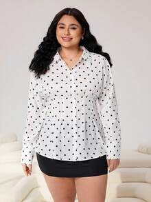 SHEIN EZwear 大码女式时尚休闲波点印花高腰衬衫 - 彩色 - 查看 3