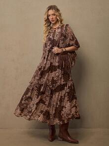 Freevana 波西米亚风佩斯利印花雪纺连衣裙，度假必备波西米亚风单品 - 咖啡棕 - 查看 1