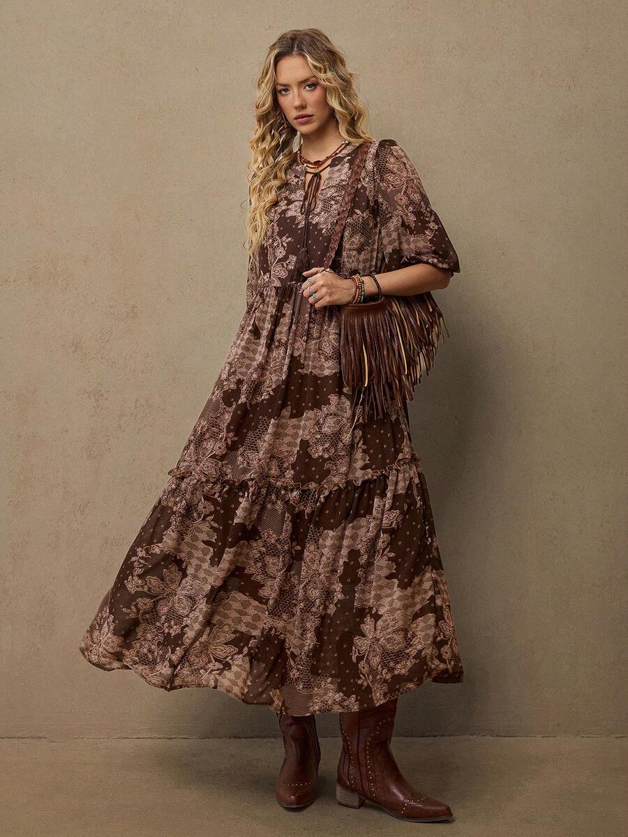 Freevana 波西米亚风佩斯利印花雪纺连衣裙，度假必备波西米亚风单品 - 咖啡棕 - 查看 1