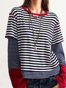 Bohemela Boho Christmas Party New Year Casual Striped Patchwork Round Neck Long Sleeve Loose Women T-Shirt, Winter - Multicolor - View 3