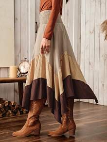 Wildy BOHO Casual Country Style Color Block Asymmetrical Hem Skirt For Women, Versatile Basic For Daily Wear, Autumn/Winter/All Season - Multicolor - View 2