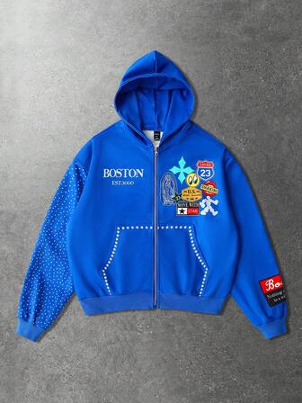 Felpa con cappuccio e chiusura lampo da uomo con stampa di lettere e cartoni animati