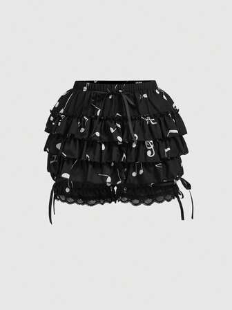 Kawaii Short femme à motif de notes de musique en dentelle