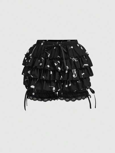 Kawaii Shorts de mujer con parches de encaje y notas musicales lindas